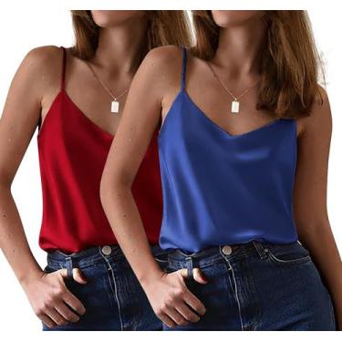 Imagem de Camisetas regatas Ekouaer, seda, cetim, decote em V, alça espaguete, G