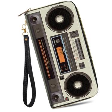 Imagem de JDHJFBFJNP Carteira feminina de couro PU de grande capacidade, bolsa clutch com zíper para dinheiro/cartão/moeda/smartphone, Rádio retrô, One Zipper Wallet