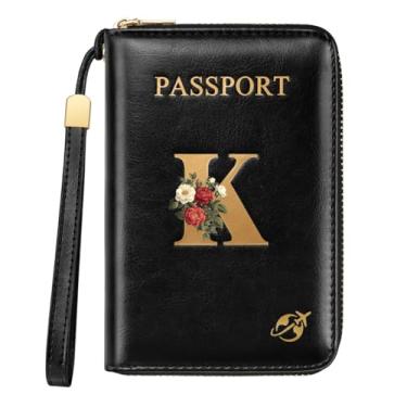 Imagem de Carteira com porta passaporte com zíper, letra inicial personalizada, flor rosa, bloqueio RFID, porta-cartões de crédito para mulheres, presente para esposa e namorada, Letra K