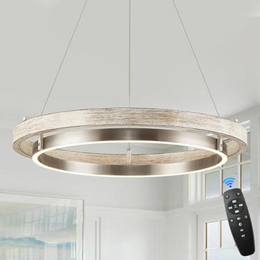 Imagem de Lustre de anel de LED Lustre de madeira envelhecida níquel lustres redondos reguláveis para hall de entrada de casa de fazenda lustres circulares para sala de jantar quarto escritório sala de estar