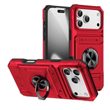 Imagem de LYJSMGZ Capa resistente para iPhone 17 Pro Max/17 Pro/Air/17, compartimento para cartão oculto com suporte de anel, atração magnética, capa legal militar, vermelha, 17 Pro