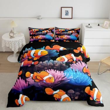 Imagem de Jogo de cama solteiro fofo peixe-palhaço, algas marinhas, vida marinha, decoração de quarto de meninas, meninos, desenho animado, peixe-palhaço, animais do oceano, edredom colorido, 1 fronha