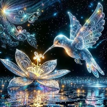 Imagem de ARVINKEY Kit de pintura de diamante DIY 5D, pintura de perfuração completa por números bordado ponto cruz artes artesanato, kits de arte de diamante beija-flor, presente de desenho de cristal de