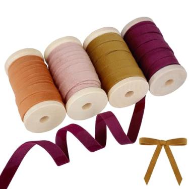 Imagem de Fita de veludo dupla face 3/20.3 cm 20 jardas com carretel de madeira 4 rolos x 5 jardas fita de Natal para embrulho de presente, ornamentos artesanais feitos à mão (vinho-rosa empoeirado - ouro