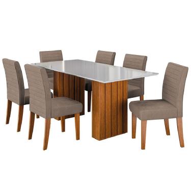 Imagem de Conjunto Mesa De Jantar 1,80m Ripada Com Vidro 6 Cadeiras Creta - Dobuê - Madeirado/Mascavo