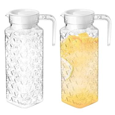 Imagem de HSHGZSR Pacote com 2 jarras de plástico com tampa com design canelado, jarra de água de 1,1 L, jarra de suco de plástico transparente com tampa ventilada para chá gelado, água quente, café, leite