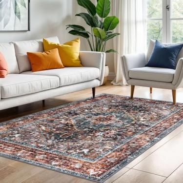 Imagem de KOZYFLY Tapete de área, 1,2 x 1,8 m, lavável, para sala de estar, quarto, entrada, interior, estampado, vintage, tapete de lã sintética para decoração de casa, cozinha, vermelho tijolo/laranja/verde