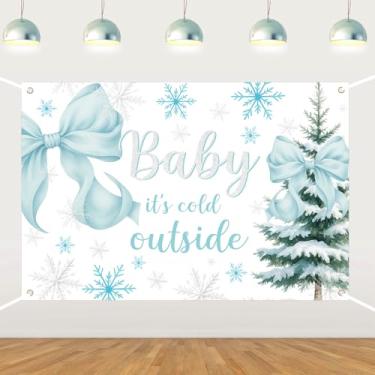 Imagem de Baby It's Cold Outside Backdrop Winter Wonderland Decorações de chá de bebê laço azul fotografia fundo azul prata flocos de neve decoração para Natal inverno chá de bebê suprimentos de festa 1,5 x 0,9