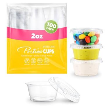 Imagem de SOOMER Copos de Gelatina com Tampas - [100 Conjuntos - 2 Oz] Pequenos Recipientes de Plástico para Condimentos com Tampas - Ideais para Molhos, Piqueniques E Festas - Herméticos, Empilháveis E Sem Bpa