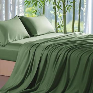 Imagem de Shilucheng Lençóis 100% viscose derivados de bambu, tamanho completo, 4 peças – Lençóis de cama ultra refrescantes e sedosos, bolso profundo de 40,6 cm, perfeitos para quem dorme quente, lençóis de