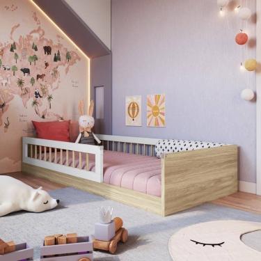 Imagem de Cama Infantil de Chão com Colchão Montessoriana Solteiro Proteção Aveiro Oak