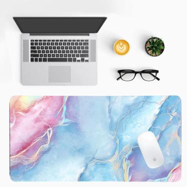 Imagem de Tapete de mesa de mármore pastel, grande almofada de mesa de couro PU com base antiderrapante, tapete de teclado bonito para escritório para casa e presente de jogos para mulheres irmã (23,62 x 11,81