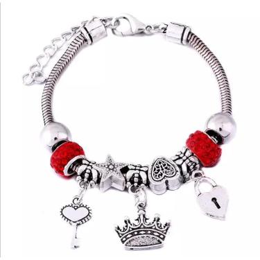 Imagem de Pulseira Berloque Prateada Coroa Coração Fechadura B7523