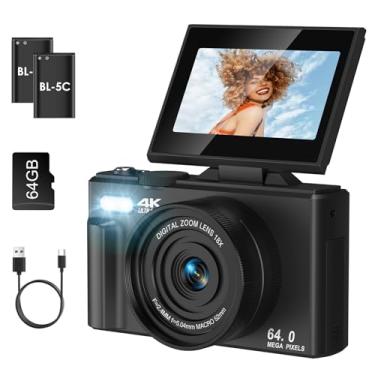 Imagem de LAMA Câmera digital 4K UHD de 75 MP para fotografia – zoom 18x, foco automático, 64 GB, câmera vlogging WiFi antivibração com luz de preenchimento, câmera de viagem compacta Vlog com tela flip 180