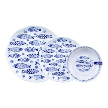 Imagem de Conjunto de Pratos e Tigela Azul de Melamina Resistente e Elegante com Estampa de Peixes (1)