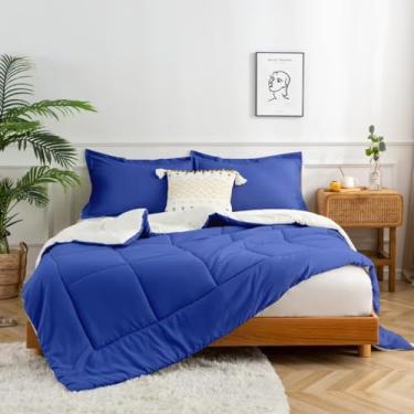 Imagem de HENGWEITEXT Conjunto de edredom King Size azul, conjunto de cama com edredom macio e macio para todas as estações, 3 peças, azul