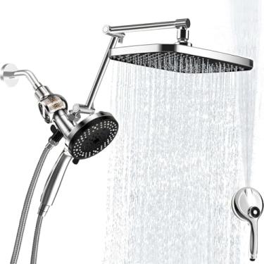 Imagem de Denkee Cabeça de chuveiro de alta pressão, chuveiros com combo de spray portátil, 10 sprays chuveiro filtrado destacável ancoragem magnética embutida e jatos elétricos, chuveiro de chuva com braço de