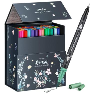 Imagem de Conjunto de Canetas Artisticas 100 Cores com Pontas Duplas, Pincel Fino à Base de Água para Crianças e Adultos, Ohuhu, Preta