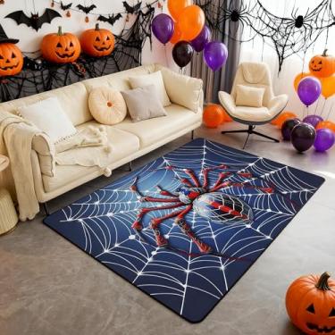 Imagem de Tapete infantil de teia de aranha, tapete de entrada para meninas e meninos, tapete antiderrapante gótico de feliz dia das bruxas, decoração de sofá da moda azul para sala de estar, 1,60 m x 1,60 m