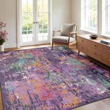 Imagem de RELEANY Tapetes laváveis, 1,2 m x 1,8 m, antiderrapante, moderno, abstrato, macio para sala de estar, entrada, quarto, berçário, estampado, roxo, laranja, azul, verde, vermelho, enferrujado, colorido