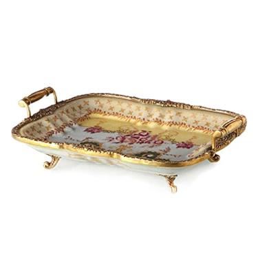 Imagem de Fruteira Prato de Frutas Novo Estilo Chinês Retro Pintado à Mão Prato de Frutas Cerâmica Sala de Estar Restaurante Decoração Bandeja de Frutas Crack Bandeja de Frutas de Latão Dupla Alça de Orelha