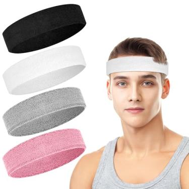 Imagem de Pacote com 4 faixas de cabelo masculinas, faixas de suor masculinas e femininas, faixas de algodão felpudo para tênis, basquete, corrida, academia, malhar