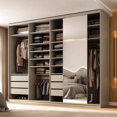 Imagem de Guarda-roupa Closet Casal 100% Mdf Bp 277,7cm com 1 Porta Espelho 6 Gavetas Sion Panna
