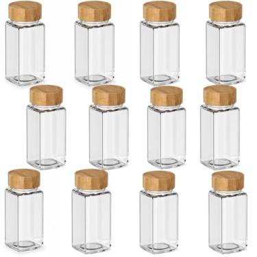 Imagem de Pote de Vidro com Tampa de Bambu, 125ml, Dosador Interno, Vedação Circular, Organizador P/Cozinha Mesa Bancada Armário Gaveta, P/Temperos Grãos (Kit C/ 12 Unidades)