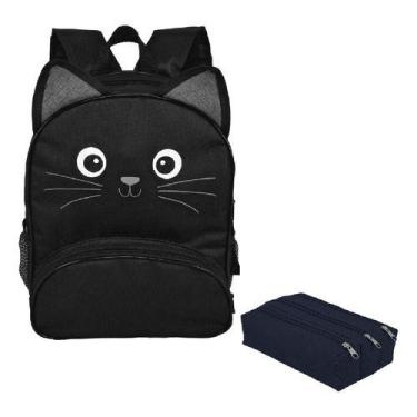 Imagem de Kit Mochila Escolar Infantil Gatinho Com Estojo Triplo Menino Menina P