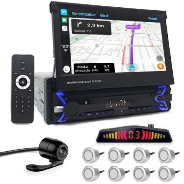 Imagem de Kit Multimídia Tela Retrátil + Câmera Ré + Sensor 8 Pontos Prata Kicks