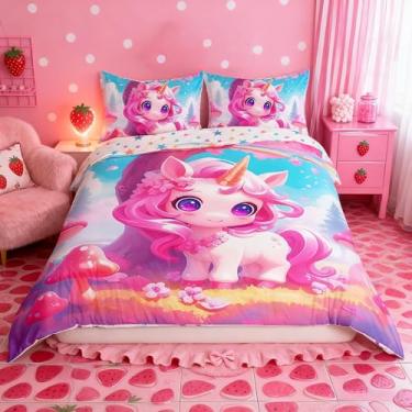 Imagem de Castle Fairy Conjunto de capa de edredom infantil de unicórnio, tamanho solteiro, desenho aquarela, fofo, animal, macio, respirável, reversível, com fecho para decoração de quarto de crianças,