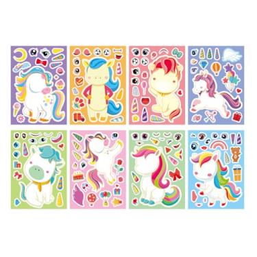 Imagem de 8 peças de adesivos de unicórnio fofo Make A Face, adesivos de vinil para lembrancinhas de festa, arte, artesanato, jogos, prêmios de atividade escolar, adesivos à prova d'água para meninas, meninos