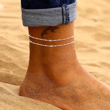 Imagem de Tornozeleiras femininas à prova d'água de ouro/prata 14K, elos cubanos, conjunto de tornozeleiras em camadas com contas de coração e strass para presente, Medium, Latão, Sem Pedra Preciosa