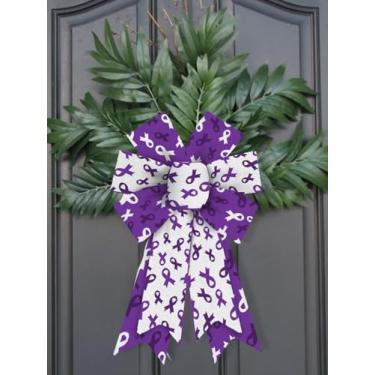 Imagem de 2 peças de arcos de conscientização do câncer de pâncreas para guirlanda, laços de conscientização do câncer branco roxo arco de serapilheira anticâncer para suporte de porta da frente suprimentos de