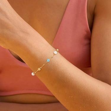 Imagem de Pulseira feminina dourada turquesa escovada pérola longa corrente ajustável pedra preciosa natural 5,0 mm