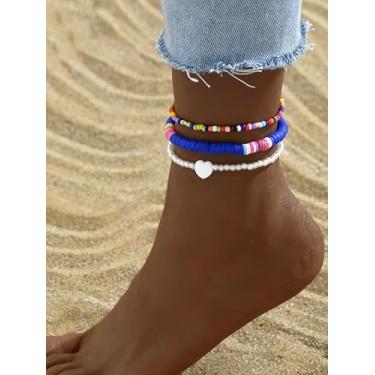 Imagem de Tornozeleira de coração com contas de argila macia colorida, 3 peças, boêmia, verão, férias, praia, chique, imitação de pérolas, contas em camadas, moderna, vintage, pulseira descalço no tornozelo na