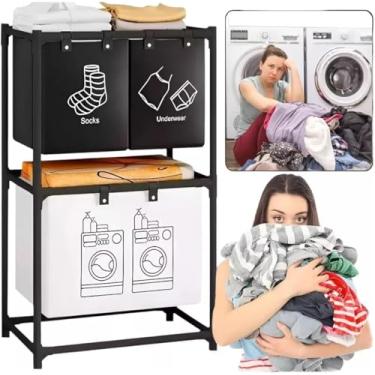 Imagem de Organizador De Lavanderia Com 3 Compartimentos, Cestos Separadores Para Roupas, Meias e Roupas Íntimas, Dois Andares 3 Cestos Hastes de Metal Preto