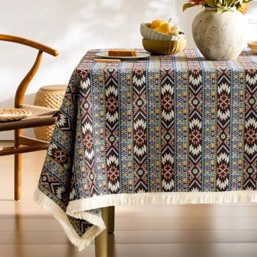 Imagem de Toalha de mesa marrom boho retangular, boêmia, geométrica, vintage, com borla, toalha de mesa bordada francesa rústica para cozinha, sala de jantar, 139 x 260 cm