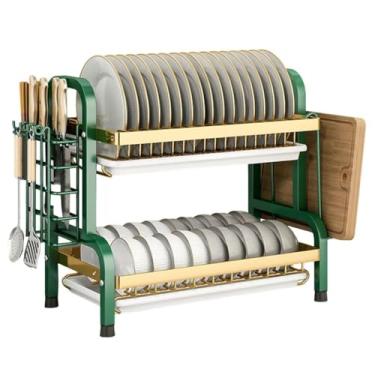 Imagem de Escorredor de Louça em Aço Carbono 2 Andares para Bancada | Capacidade 16 Pratos + Suporte de Talheres e Tábua | Organizador de Cozinha Moderno com Dreno Removível(Dourado)
