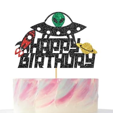 Imagem de Alien Birthday Cake Topper, Black Glitter Space Saucer Man Cake Decoration for Boys Girls Birthday Baby Shower Supplies