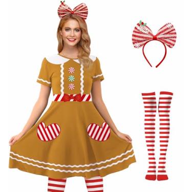 Imagem de For G and PL Fantasia feminina de elfo natalino, manga curta, vermelho, verde, vestido rodado com faixa de cabeça e meias listradas, Pão de gengibre de Natal, M