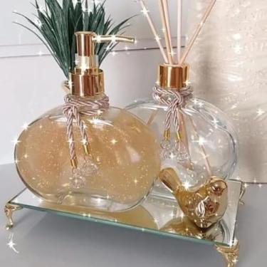 Imagem de Kit Vidros Luxo para Lavabo e Decoração – Aromatizador + Porta Sabonete 280ml com Tampa Elegance e Passarinho em Porcelana(Com Bandeja,Dourado)