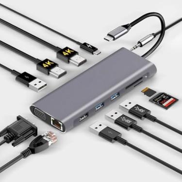Imagem de Hub USB C, estação de ancoragem compatível com MacBook Pro e MacBook Air, iPad Pro, Dell XPS, MacBook Docking Station (DP ALT) com 2 HDMI, VGA, Ethernet, áudio, 4 portas USB, USB-C PD, SD/TF