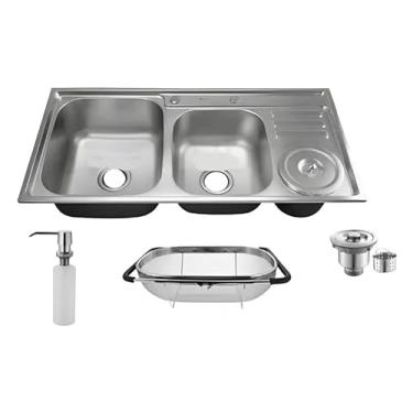 Imagem de Cuba Dupla Inox Gourmet Com Lixeira+ Dosador + Escorredor Acetinada