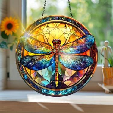 Imagem de Acrílico colorido Suncatcher, apanhador de sol estilo vitral impresso libélula com reflexos de arco-íris, decoração de janela suspensa, decoração de parede, ornamentos de Natal para uso interno e