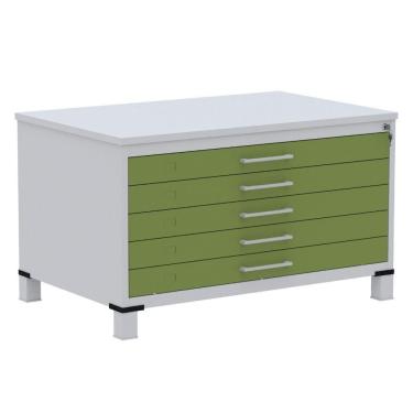 Imagem de Mapoteca 5 Gavetas Pandin 120 Cm (larg) Inmetro Tampo Mdp Cinza Estrutura Aço Cinza Gavetas Verdes