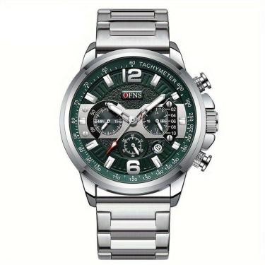 Imagem de Relógio De Luxo Masculino Ofns - Calendário Noturno Prata Verde