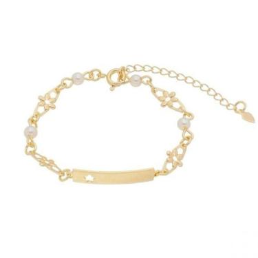 Imagem de Pulseira Infantil com Pérola e Estrela Vazado Banhado a Ouro