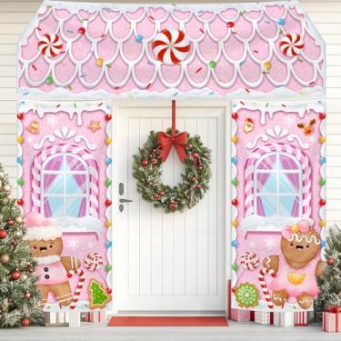 Imagem de AIBIIN 3 peças de banners de casa de gengibre de Natal decorações de porta de festa de gengibre rosa inverno doces banner pendurado sinal de varanda para férias, sala de aula, escritório, decoração de