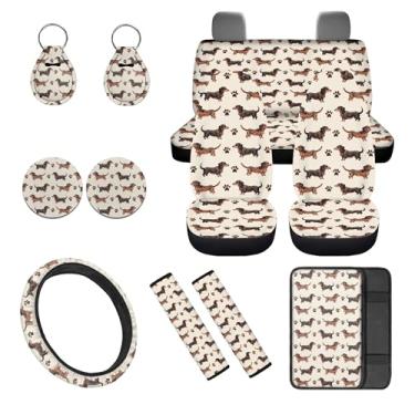 Imagem de gearider Conjunto completo de 12 peças de acessórios para carro, conjunto completo de capa de assento de carro Dachshund com capa de volante, console central, tapete de cinto de segurança, porta-copos